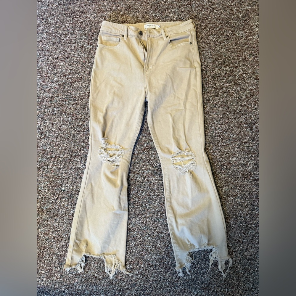 Trendy Distressed Beige Flare Jeans